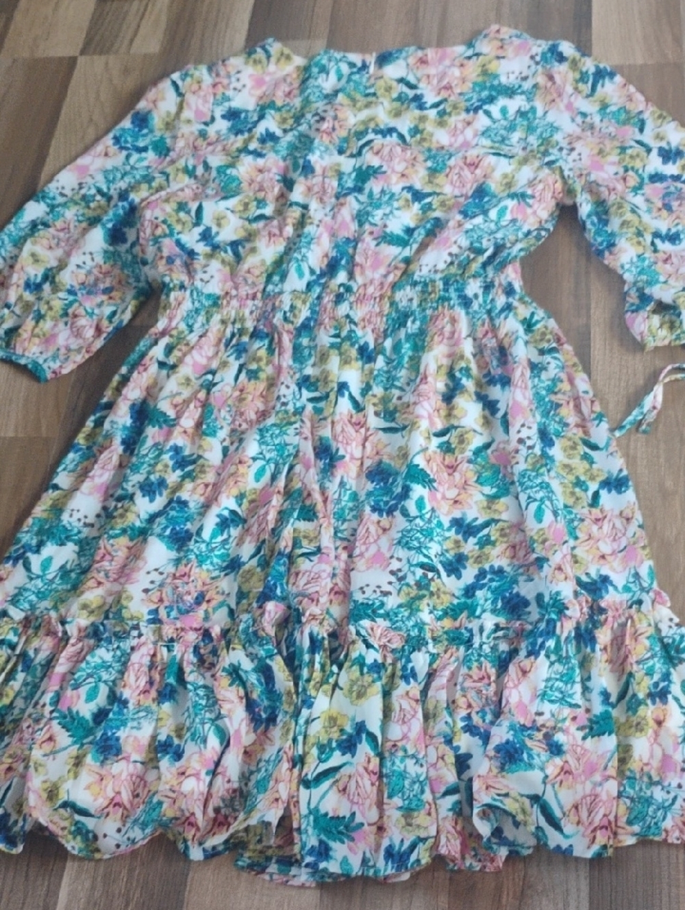 Floral V-Neck Smocked Waist Dress - Pink & Teal Floral Women's Large - Picture 4 of 4